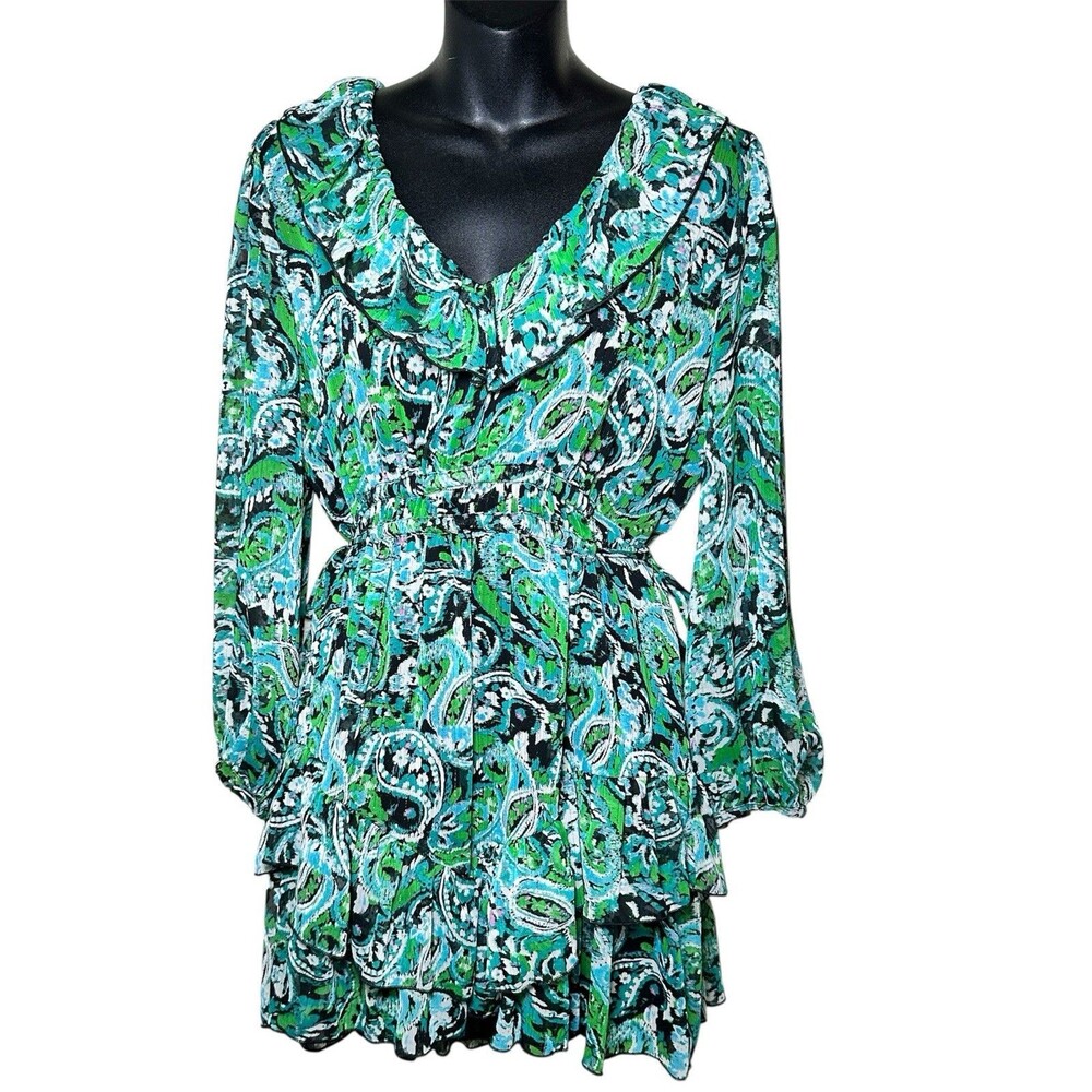 Zara Dress Sz L Green Blue Paisley Floral Mini Dress